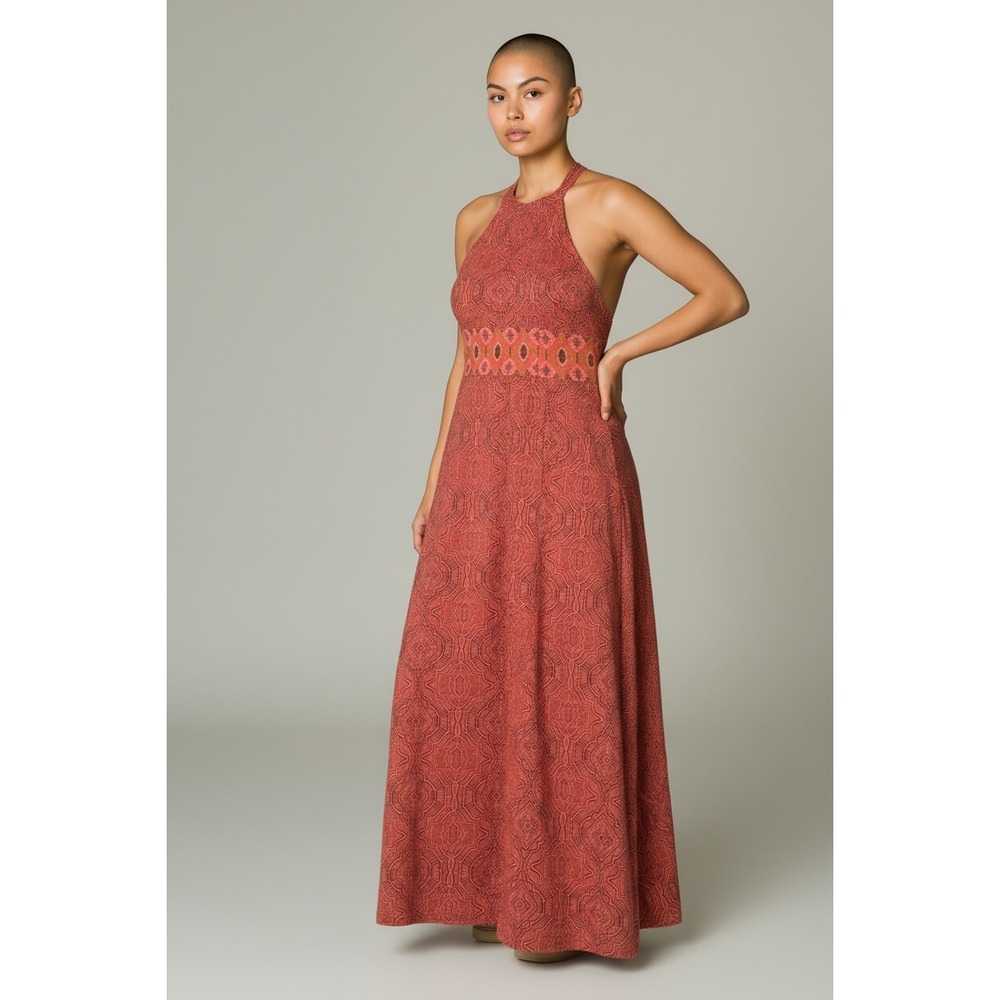 Prana Women's Lg Orange Printed Skye Maxi Dress Halter Built in Shelf Bra